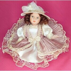 Vintage Porcelain Jointed Doll Ornament Cream Dress Hat Christmas Lace Victorian